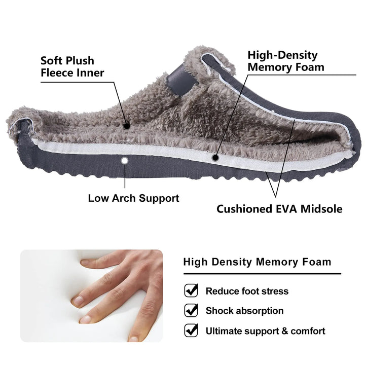 Graue Hausschuhe mit Memory Foam, weichem Fleece-Innenfutter und EVA-Mittelsohle für Komfort.