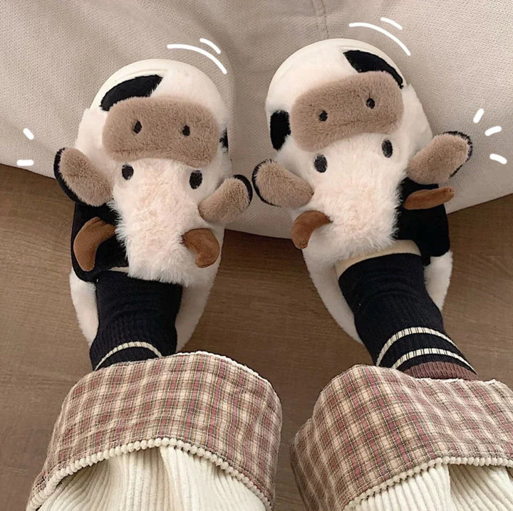 Kuh-Pantoffeln aus Plüsch, schwarz-weiß, warm, gemütlich, Damen-Hausschuhe, lustiges Design.