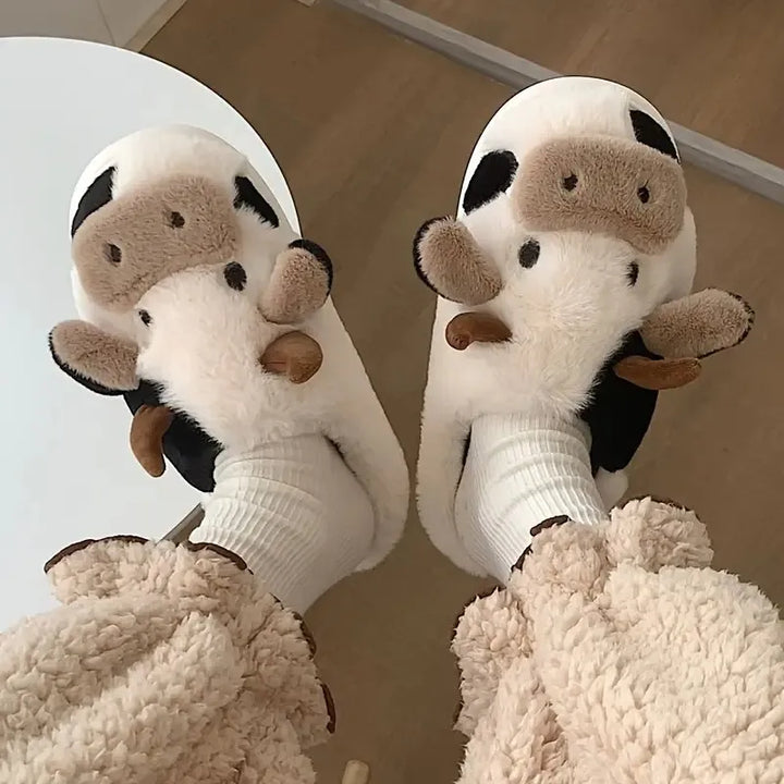 Kuh-Pantoffeln aus Plüsch, weiß-schwarz, gemütlich, Damen-Hausschuhe, lustiges Design