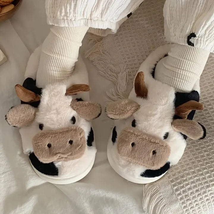 Kuh-Pantoffeln aus Plüsch, schwarz-weiß, gemütlich, warm, Damen-Hausschuhe, lustiges Design.