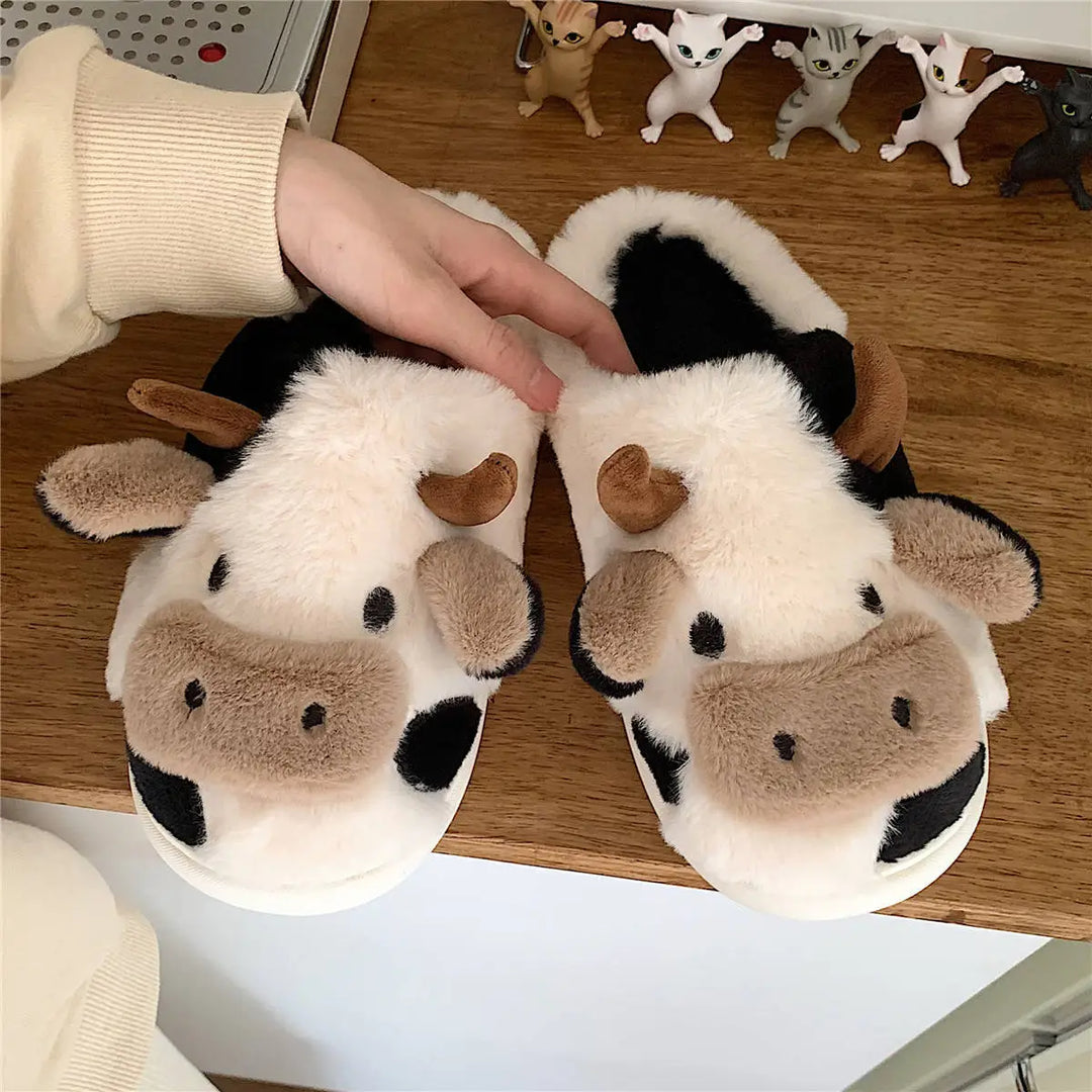 Kuh-Pantoffeln aus Plüsch, schwarz-weiß, rutschfest, warm, Damen-Hausschuhe, Geschenkidee.