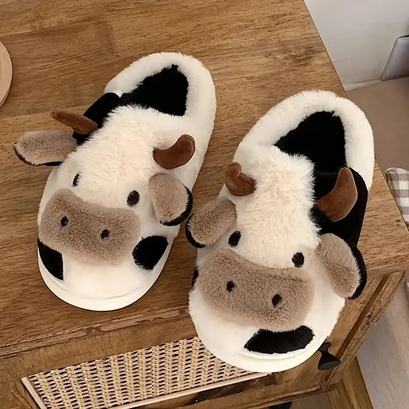 Kuh-Pantoffeln aus Plüsch, schwarz-weiß, rutschfest, warm, für Damen und Herren.