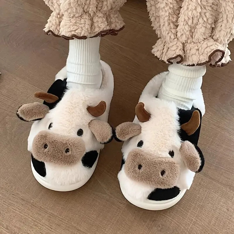 Kuh-Pantoffeln aus Plüsch, weiß-schwarz, mit Hörnern, für Damen, gemütlich, rutschfest.