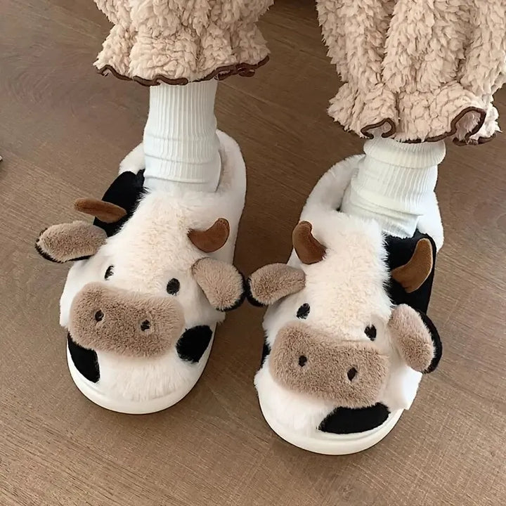 Kuh-Pantoffeln aus Plüsch, weiß-schwarz, mit Hörnern, für Damen, gemütlich, rutschfest.