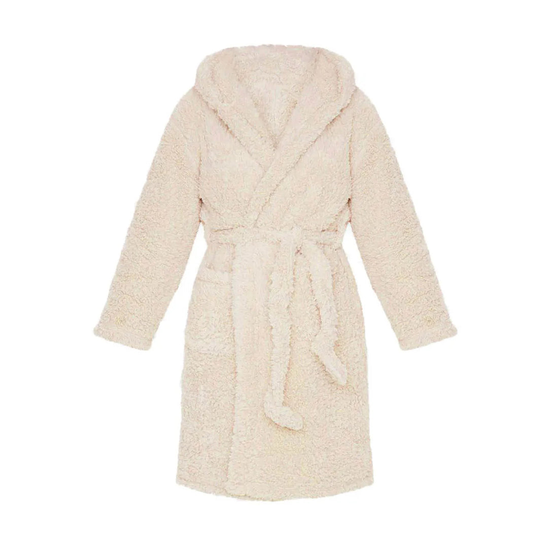 Beiger Fleece-Bademantel mit Kapuze und Gürtel, kuschelig und warm, ideal für Damen.