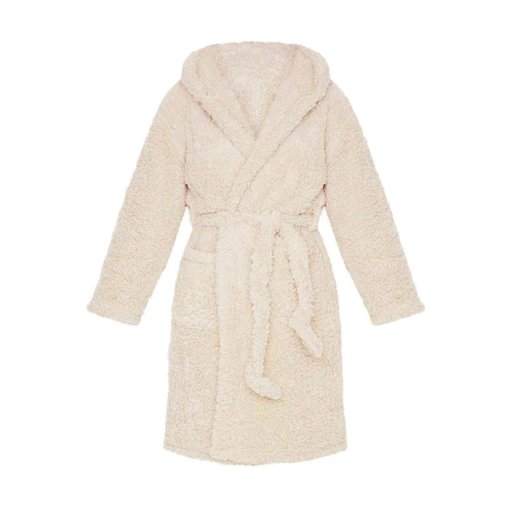 Beiger Fleece-Bademantel mit Kapuze und Gürtel, kuschelig und warm, ideal für Damen.