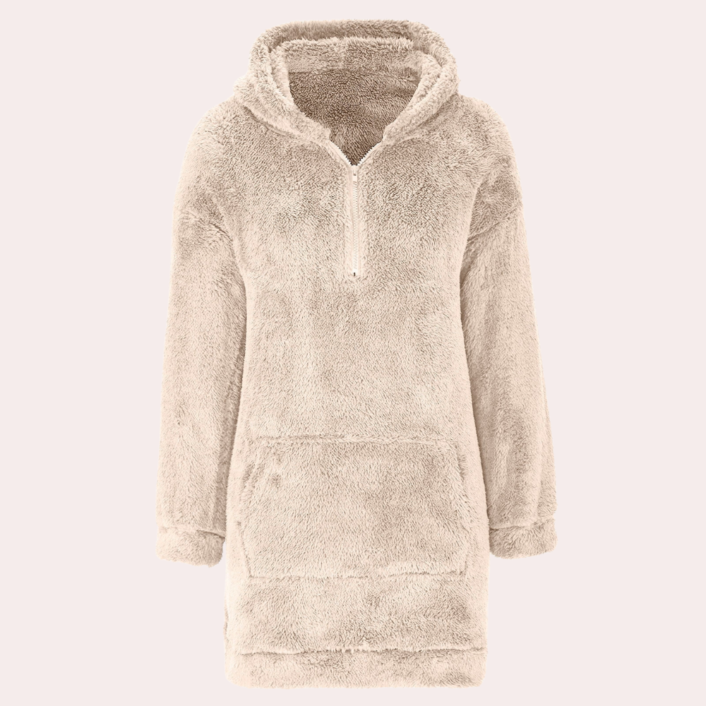 Beige Damen Fleece-Kapuzenpullover mit Reißverschluss, kuschelig, warm, modisch, Winterkleidung.