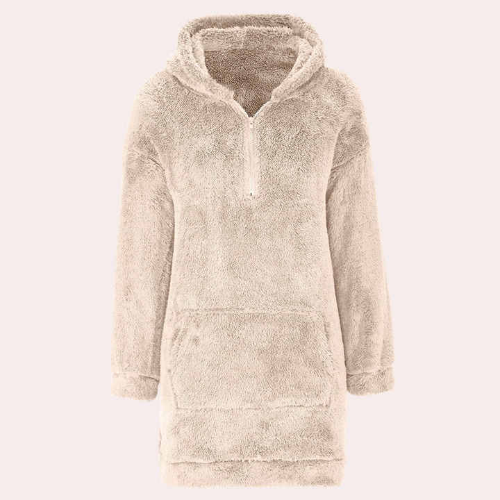 Beige Damen Fleece-Kapuzenpullover mit Reißverschluss, kuschelig, warm, modisch, Winterkleidung.