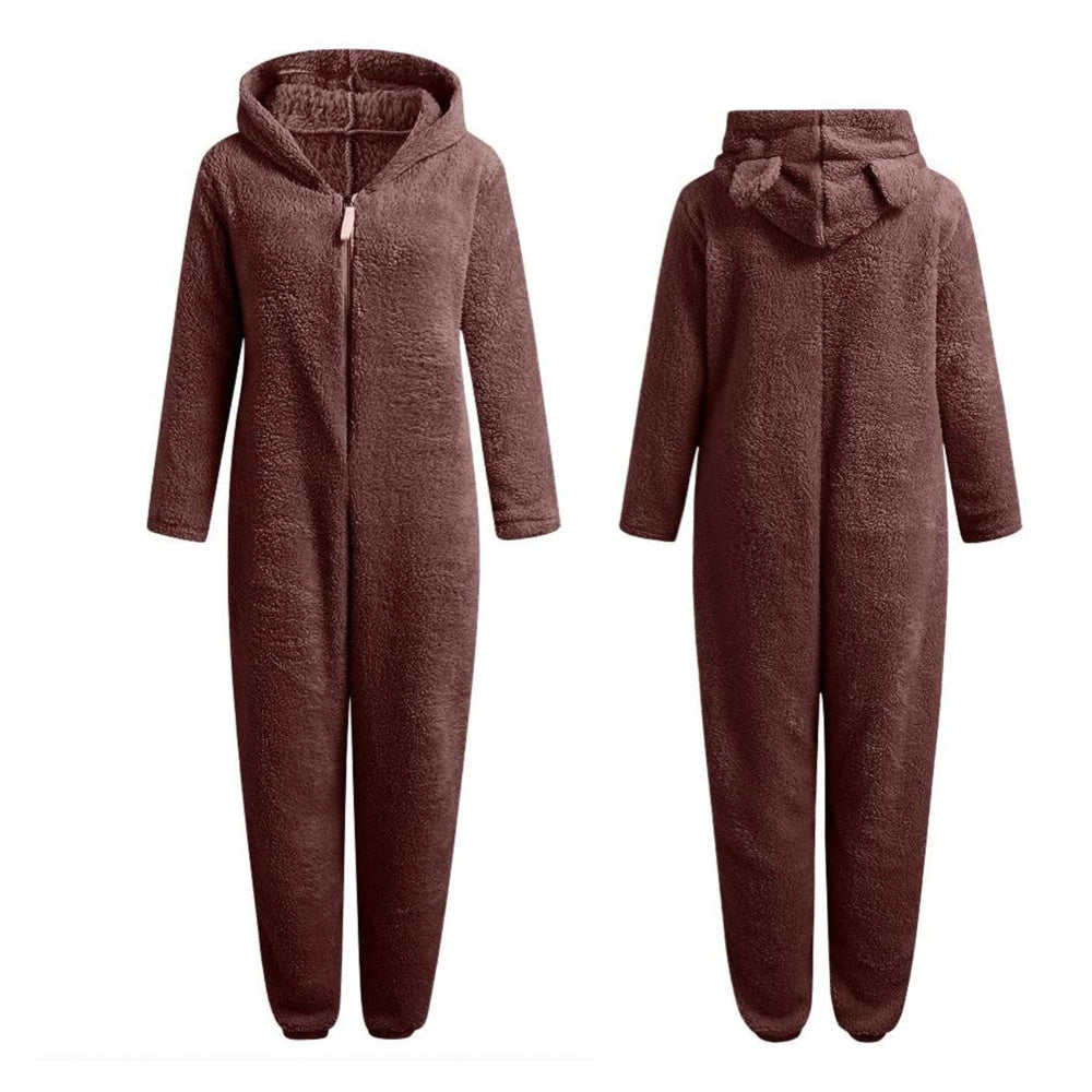 Brauner Fleece-Overall mit Kapuze, Reißverschluss, langärmelig, gemütlicher Einteiler für Damen.