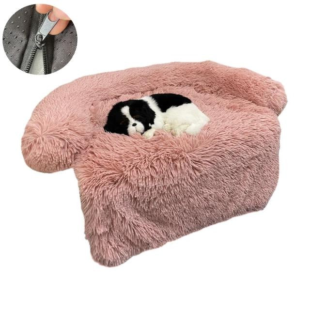 Rosa, flauschiges Hundebett mit Hund, rutschfeste Unterseite, waschbar, gemütlich, rund.
