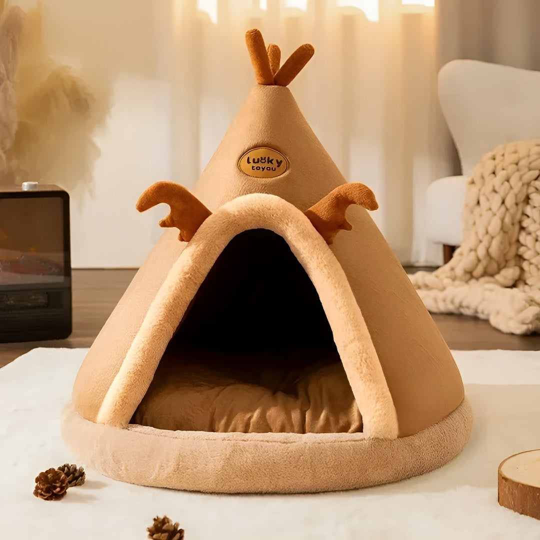 Gemütliches, braunes Haustierbett in Tipi-Form, ideal für Hunde und Katzen, weiches Material.