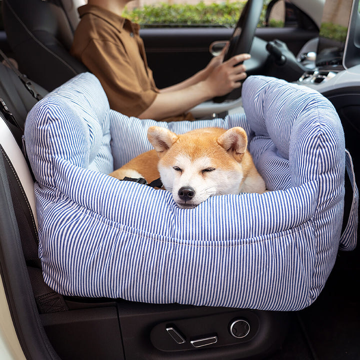 Hund schläft auf blau-weiß gestreiftem Haustierkissen im Auto, gemütlich, bequem, modisch.