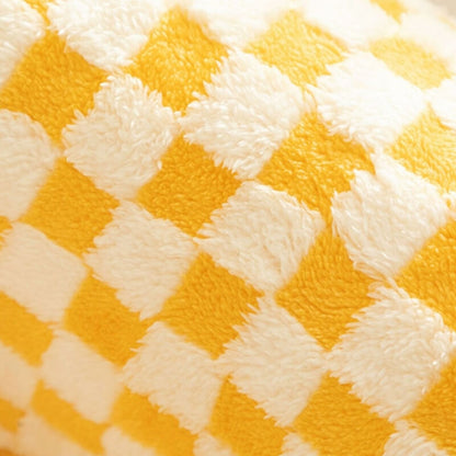 Gelbes und weißes kariertes Plüschmaterial, weiche Textur, für Katzenbett oder Tunnel.