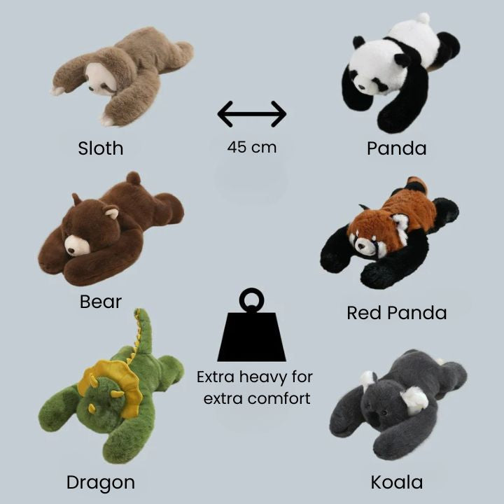 Přehled všech šesti variant zvířátek: lenochod, panda, medvěd, panda červená, drak a koala, s údajem o délce a váze. 8