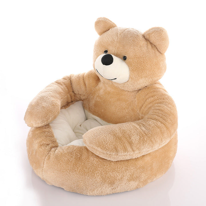 Kuscheliges, abnehmbares Katzenbett in Bärenform, beige Plüsch, gemütlich und weich.
