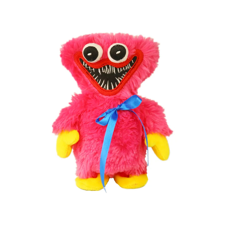 Rosa elektrisches Plüschtier mit blauer Schleife, gelben Füßen, Spielzeug für Kinder.