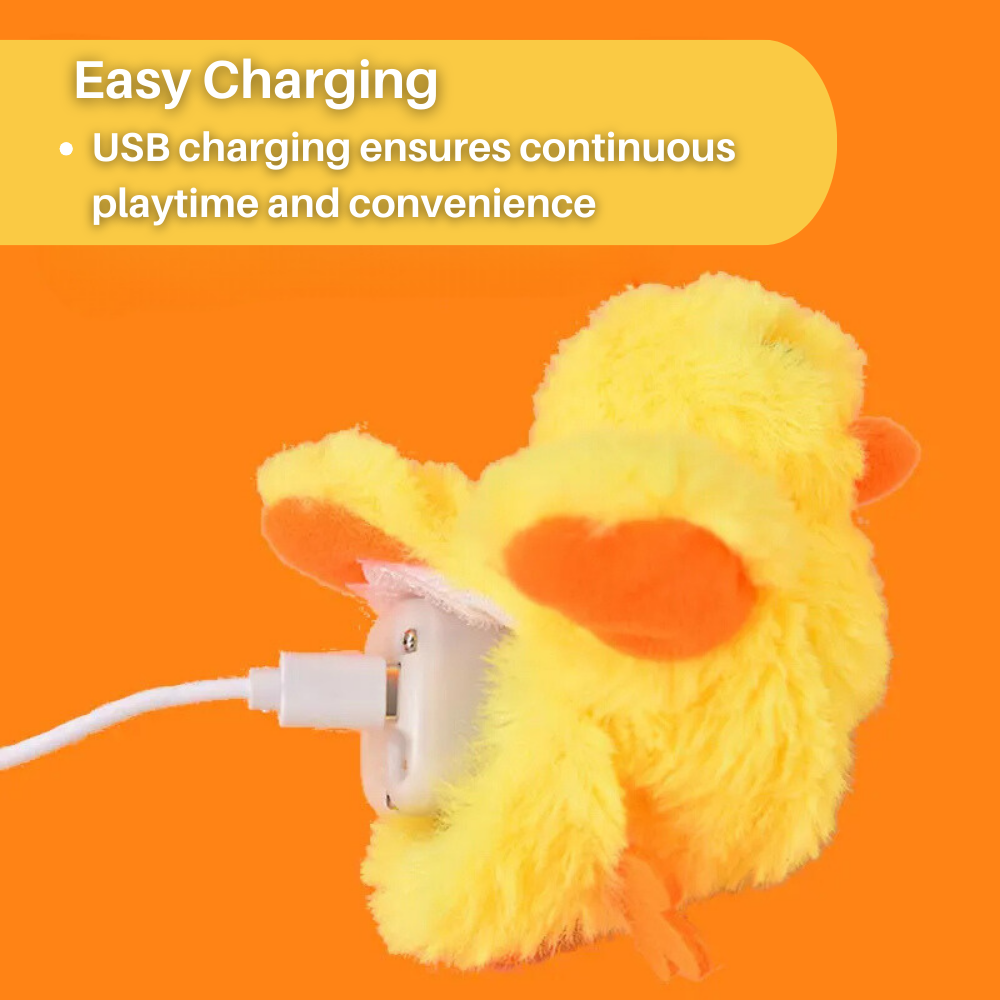 Gelbes Plüschtier mit USB-Ladekabel, einfaches Aufladen, Spielzeug, orangefarbener Hintergrund.