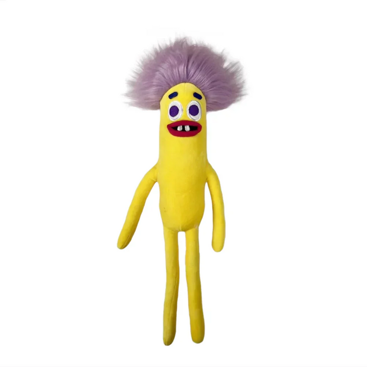 Gelbes Stofftier mit lila Haaren, lustigem Gesicht, Plüschspielzeug, Kinder, Geschenkidee.