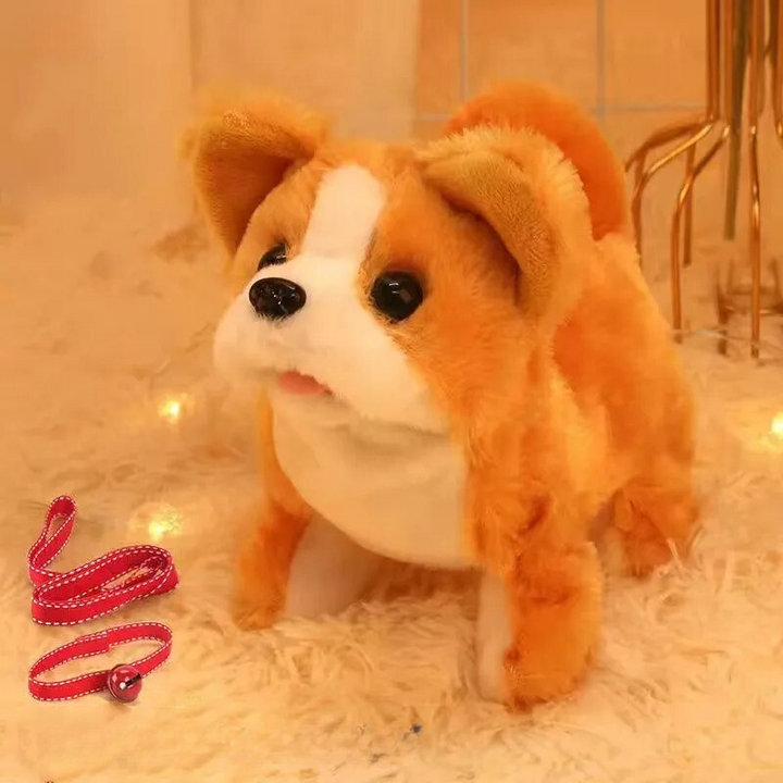 Plüsch Shiba Inu Hundespielzeug, braun-weiß, mit roter Leine, weiches Kuscheltier für Kinder