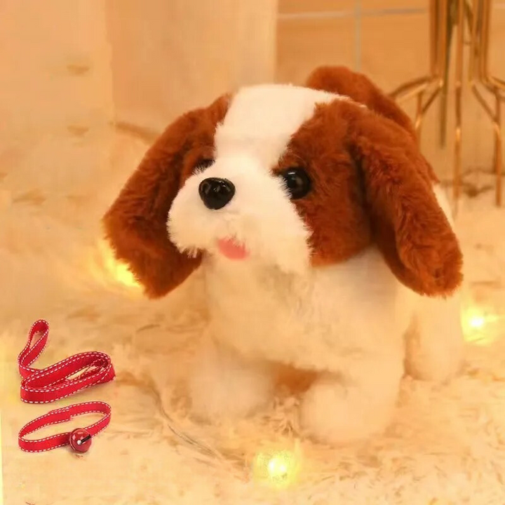 Plüschhund Spielzeug braun-weiß, Corgi Design, mit roter Leine, weiches Kuscheltier für Kinder