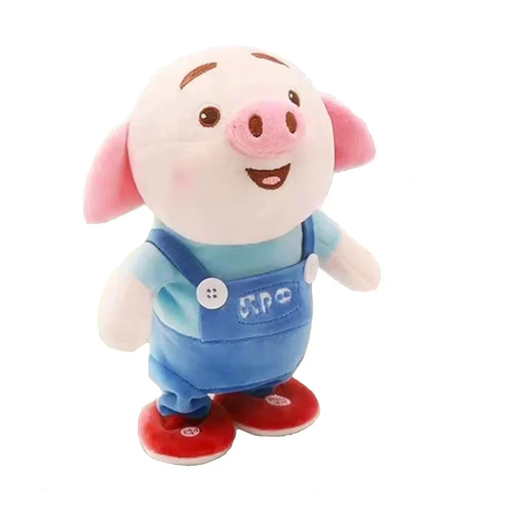 Plüsch-Schweinchen in blauer Latzhose, rosa Ohren, Spielzeug, Kinder, Geschenkidee.