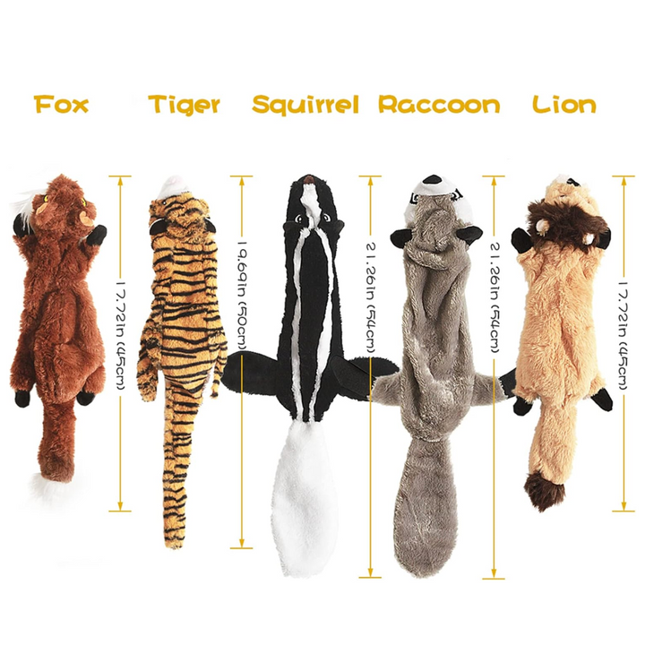 Fünf Plüsch-Hundespielzeuge: Fuchs, Tiger, Eichhörnchen, Waschbär, Löwe, ohne Füllung.