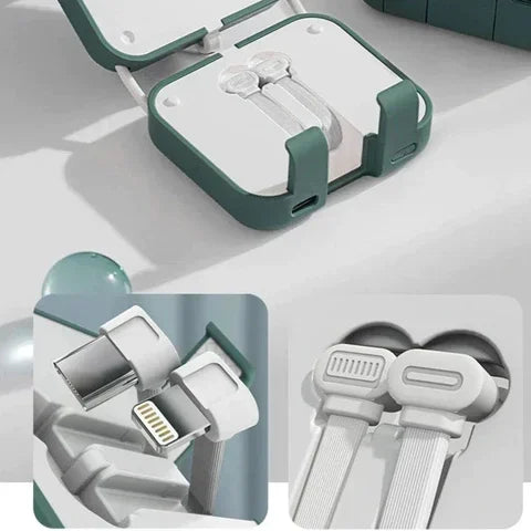 Grünes USB-Kabel-Organizer-Etui mit integriertem Ladekabel und Adapter, kompakt, tragbar.