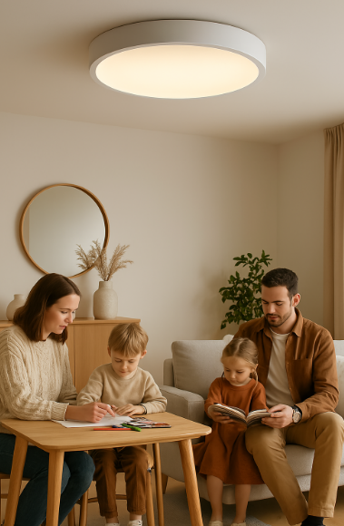 Kulatá LED stropní lampa – skandinávský styl, odolná a poskytující atmosférické světlo pro váš domov.