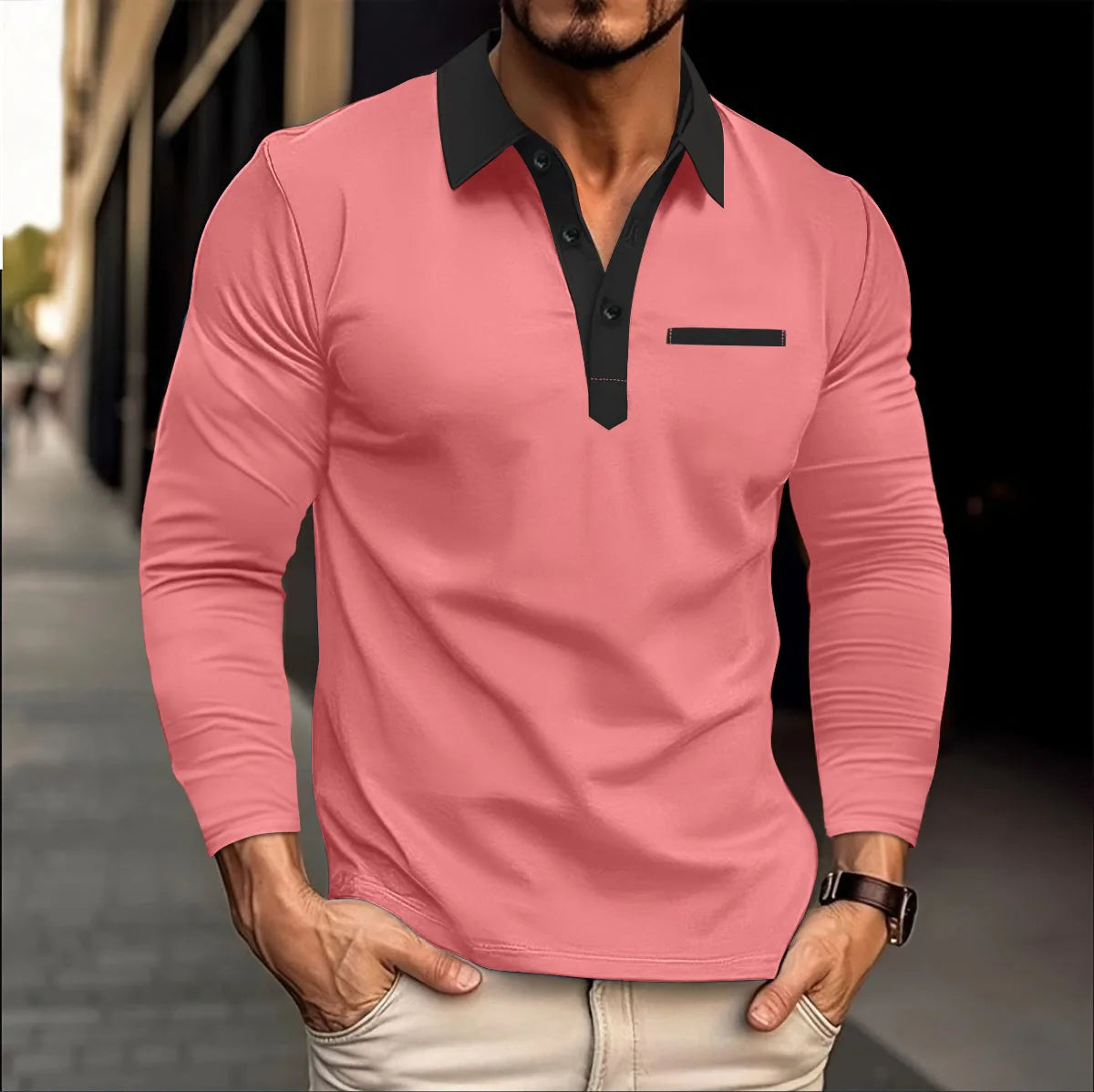 Männer Langarmshirt rosa, schwarzer Kragen, Knopfleiste, Freizeitmode, Baumwolle, elegant.
