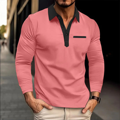 Männer Langarmshirt rosa, schwarzer Kragen, Knopfleiste, Freizeitmode, Baumwolle, elegant.