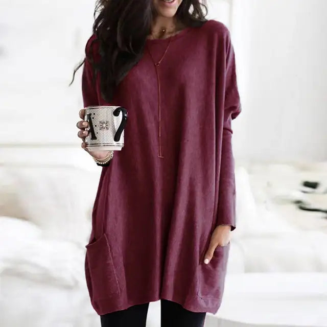 Damen Langarm-Tunika mit Taschen, weinrot, lässig, Pullover, Plus Size, bequem.