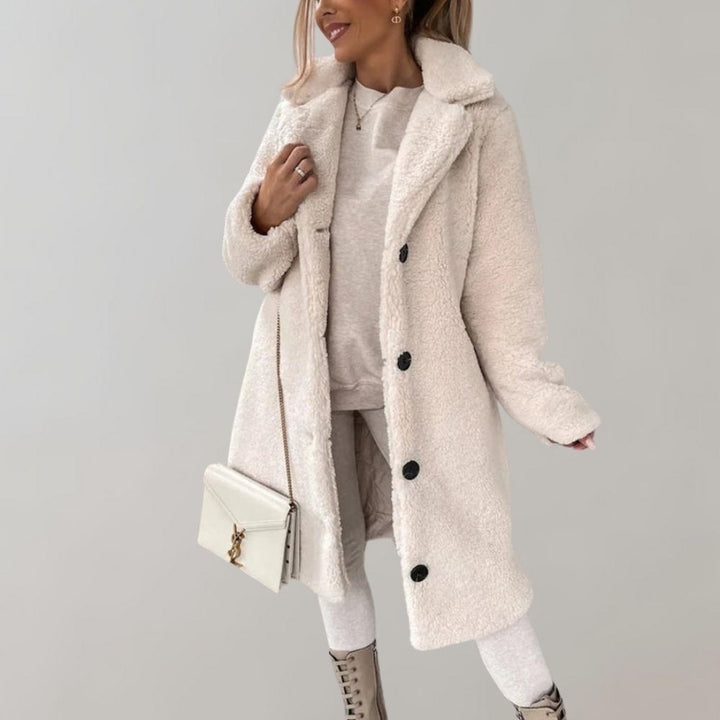 Damen Teddy-Mantel Apricot, lang, Knöpfe, Wintermode, elegant, warm, modisch, bequem.