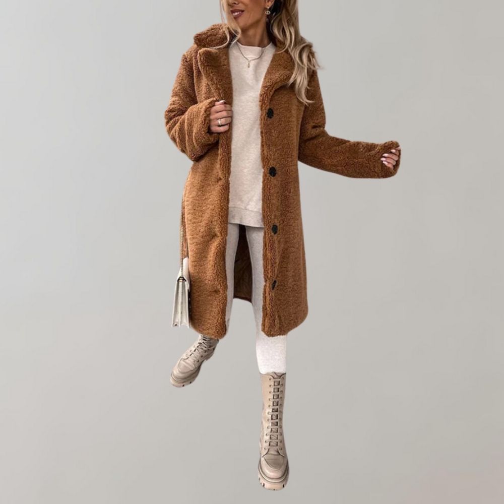Damen Teddy-Mantel in Kaffee, lang, mit Knöpfen, warm, modisch, Winterbekleidung.