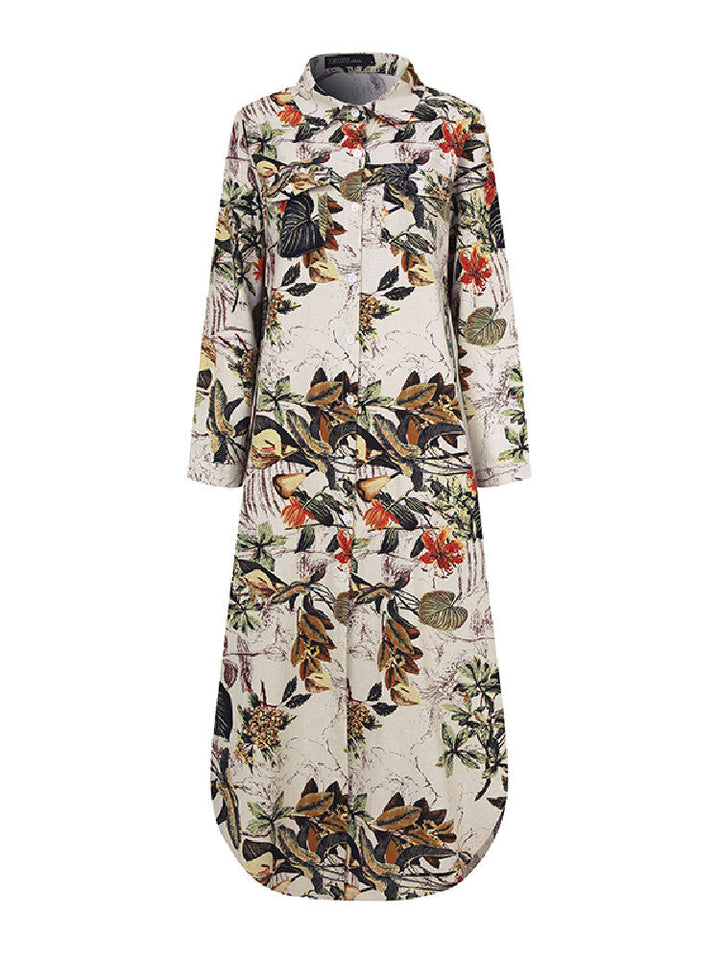 Langes Damenkleid mit Blumenmuster, Herbstfarben, Knopfleiste, elegantes Design.