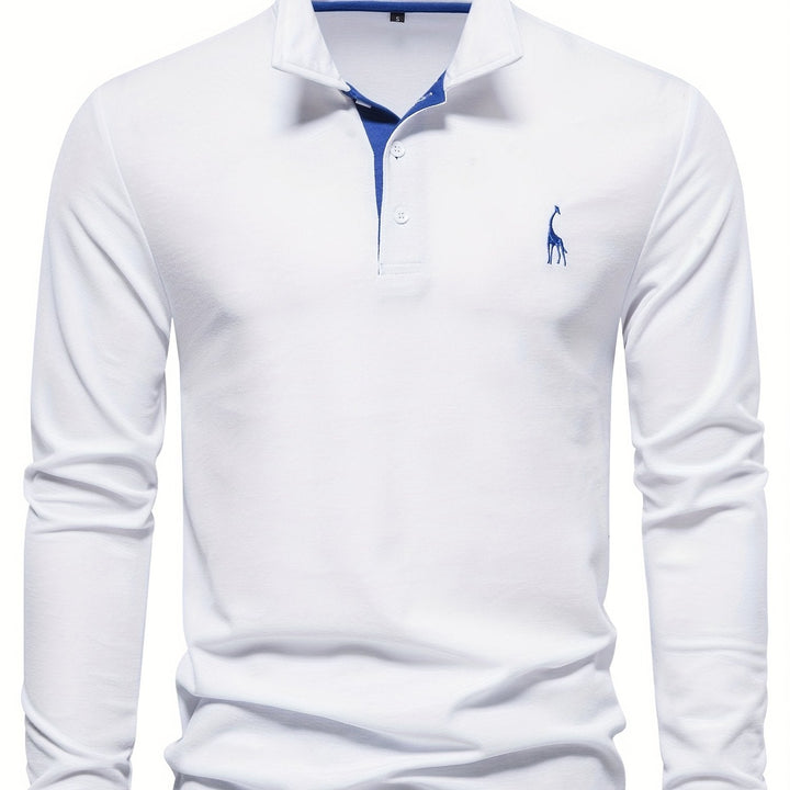 Weißes Herren-Poloshirt mit Langarm, blauer Krageninnenseite, Stickerei, Baumwolle.