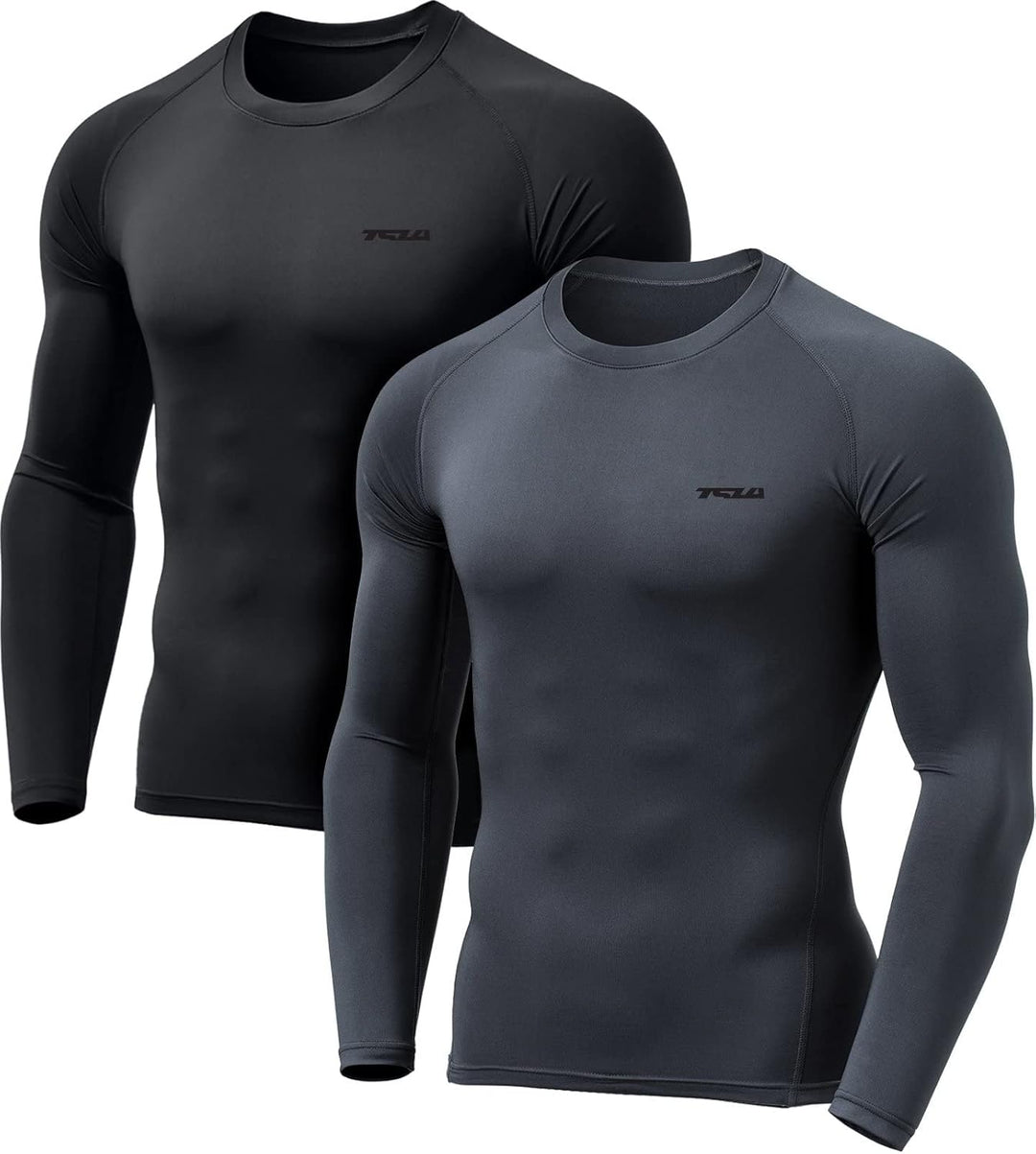 Zwei schwarze Herren-Kompressionsshirts, langärmelig, atmungsaktiv, Sportbekleidung.