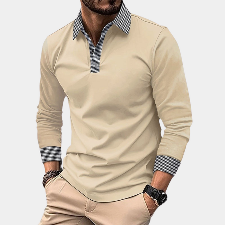 Herrenhemd apricot, Langarm, kariertes Kragen- und Manschettendetail, eleganter Freizeitstil.