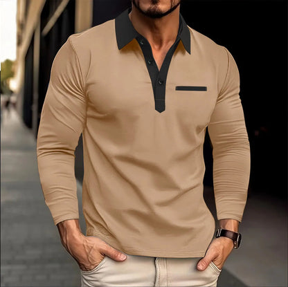 Männer Langarmshirt beige, schwarzer Kragen, Freizeitmode, Baumwolle, stilvoll, modern.