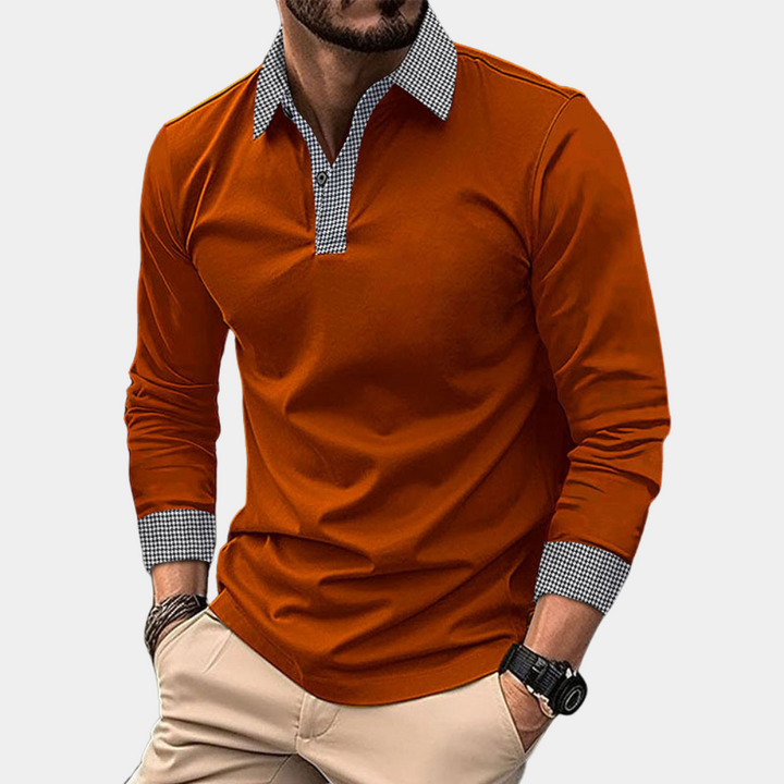 Männerhemd orange, Langarm, kariertes Kragen- und Manschettendetail, modisch, elegant.
