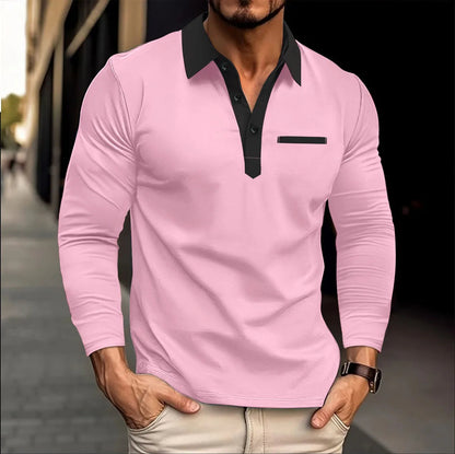 Männer Langarmshirt rosa mit schwarzem Kragen, modisch, Baumwolle, Freizeitkleidung.