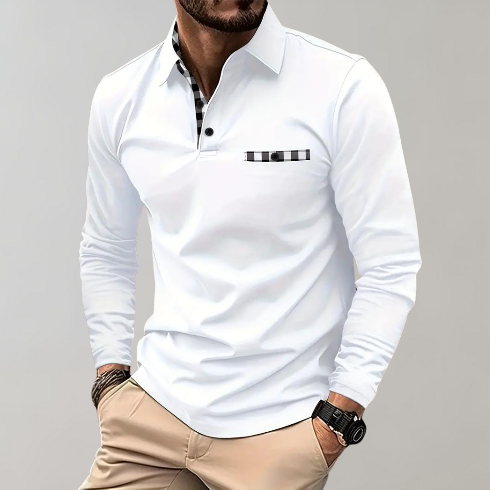 Weißes Herrenhemd mit Karomuster, Langarm, elegantes Design, Freizeitmode.