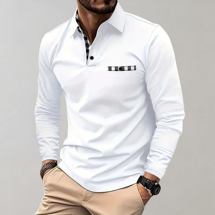 Weißes Herrenhemd mit Karomuster, Langarm, elegantes Design, Freizeitmode.