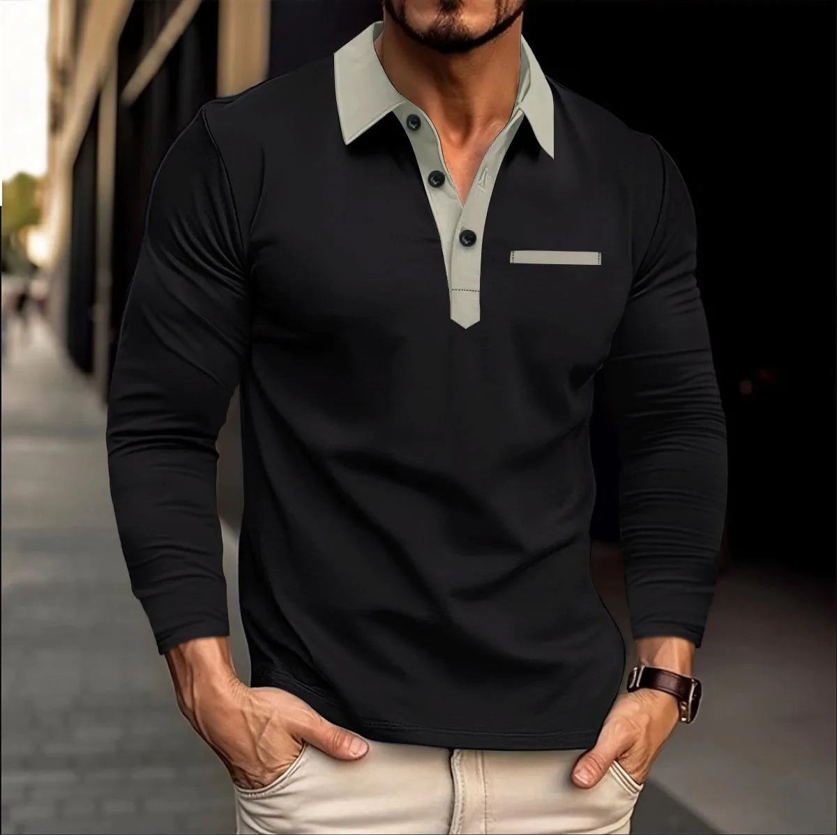 Männer Langarmshirt schwarz, Polokragen, Freizeitmode, Baumwolle, stilvoll, modern, elegant.