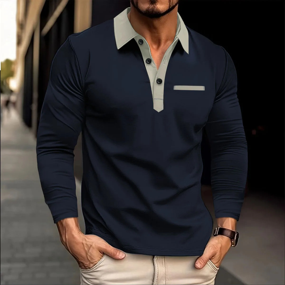 Männer Langarmshirt, dunkelblau, Polokragen, Freizeitmode, Baumwolle, stilvoll, modern