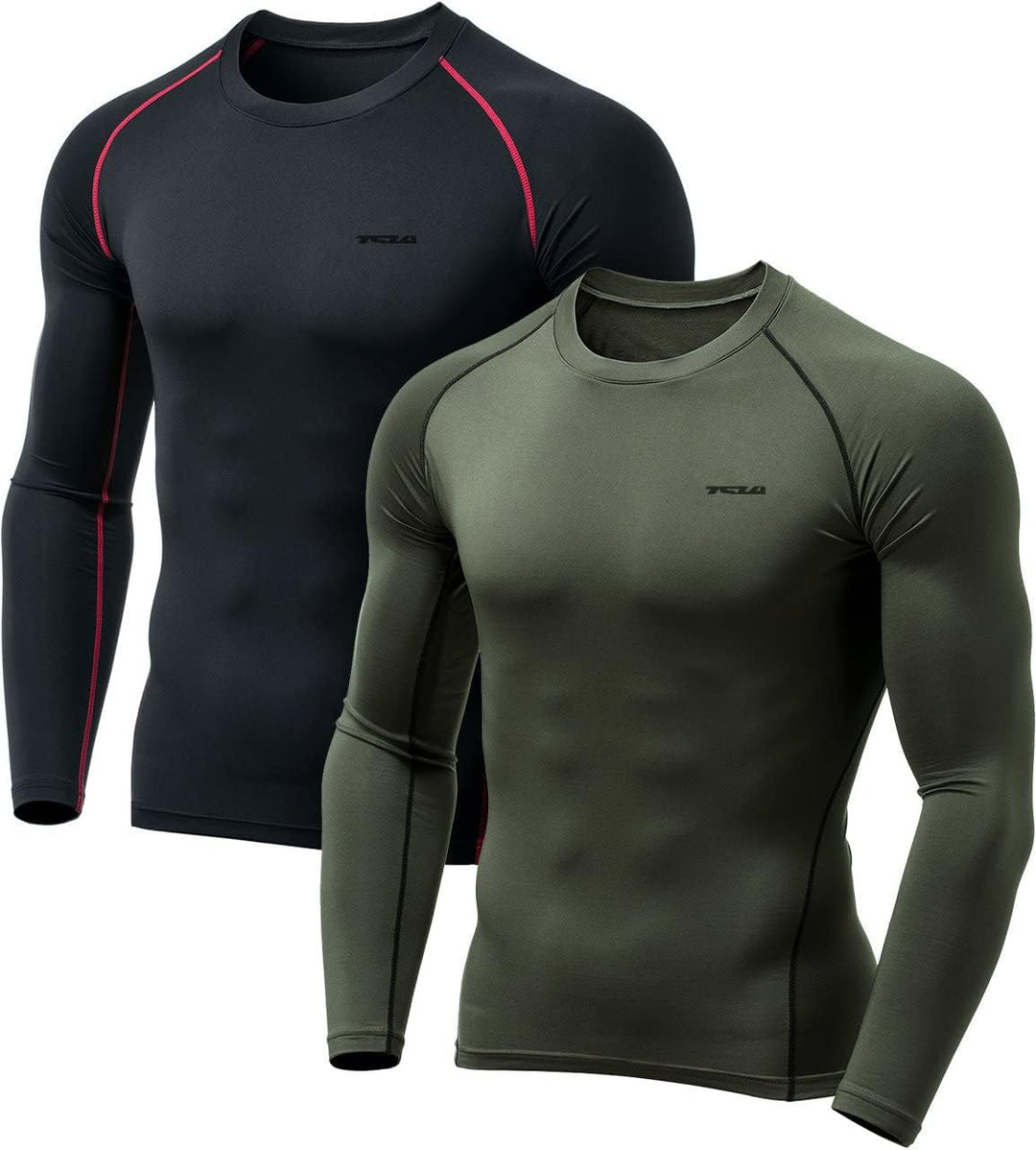 Zwei langärmlige Kompressionsshirts, schwarz und olivgrün, für Herren, Sportbekleidung.