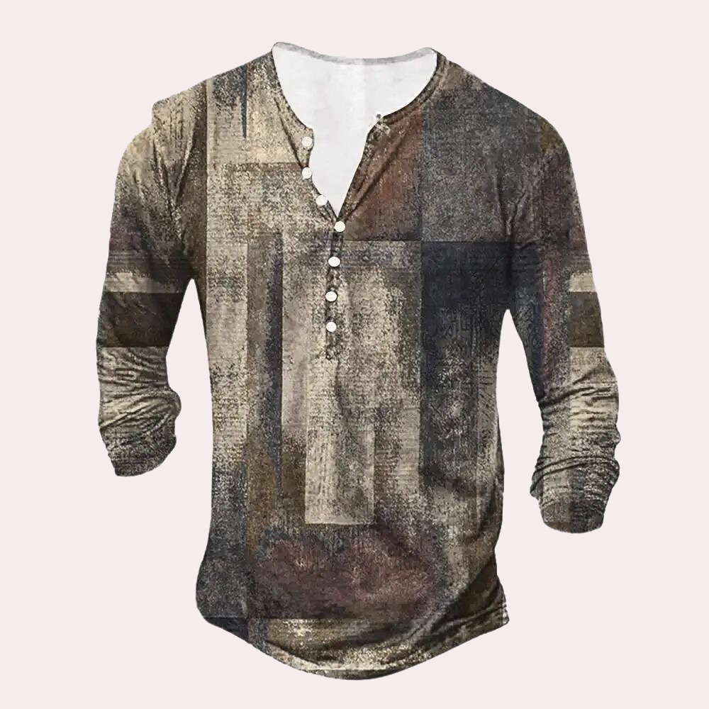 Langarmshirt Herren, Vintage-Design, Knopfleiste, Braun-Grau, Freizeitmode, Baumwolle