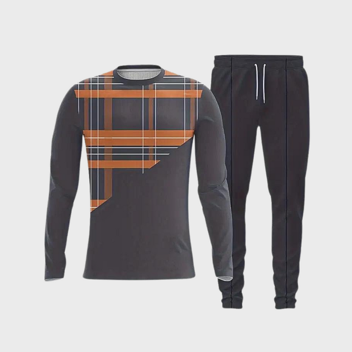 Schwarzer Trainingsanzug mit orange-grauem Karomuster, langärmeliges Oberteil, Jogginghose.