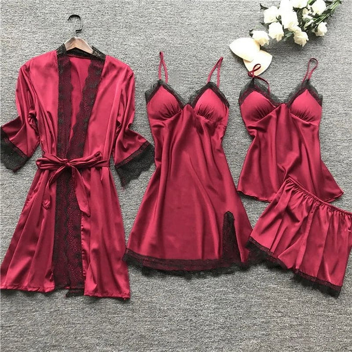 Rotes Damen-Pyjama-Set aus Satin mit Spitze, 4-teilig, Nachtwäsche, elegant und sexy.