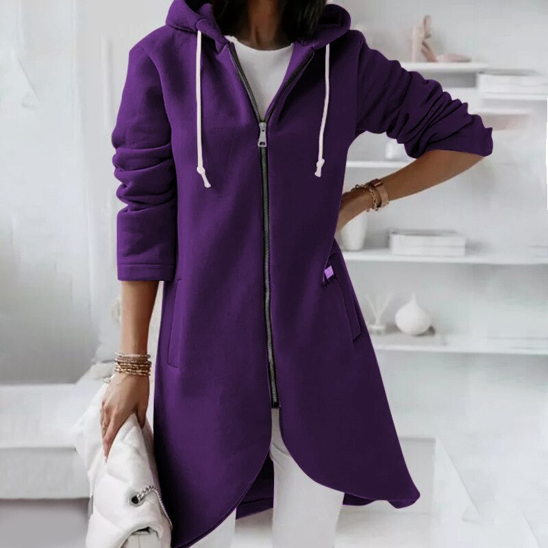 Lila Damen-Hoodie mit Reißverschluss, lang, Kapuze, Freizeitmode, Baumwolle, Herbstkleidung.