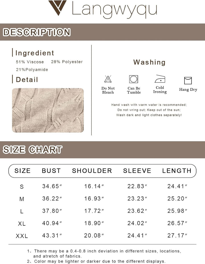 Beige Strickpullover, Langwyqu, 51% Viskose, 28% Polyester, 21% Polyamid, Pflegehinweise, Größentabelle.